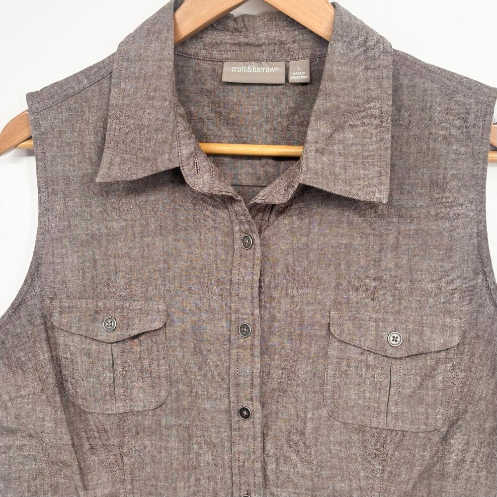 Croft & Barrow 100% Cotton Brown Sleeveless Button-Down Shirt Size L - Picture 3 of 5